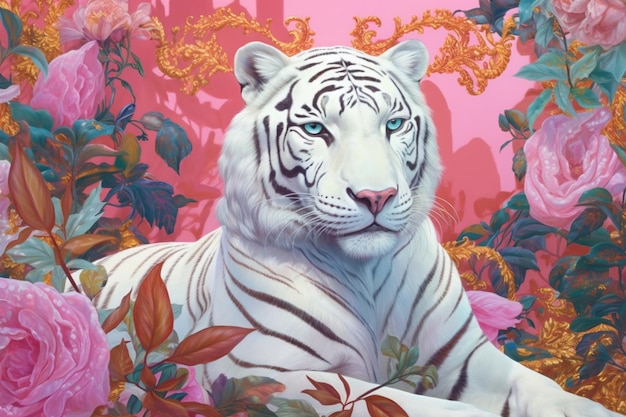 Photo painting of a white tiger in a garden of flowers generative ai