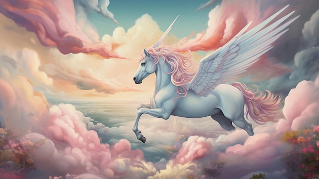 painting of a white unicorn with pink mane and wings flying through the sky generative ai