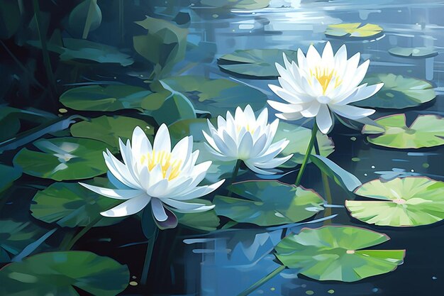 a painting of white water lilies with green leaves and water lilies