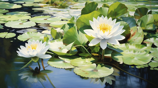 A painting of a white water lily in a pond