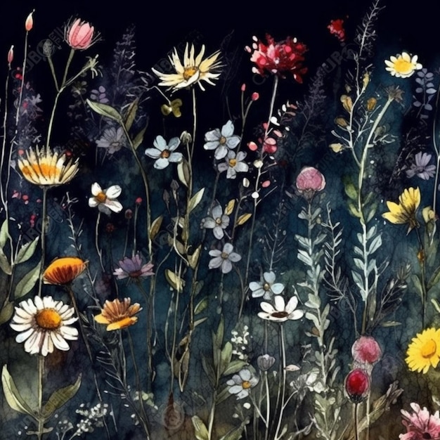 A painting of wild flowers in the dark.