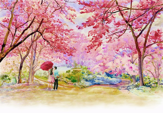 朝の野生ヒマラヤ桜道端の絵画