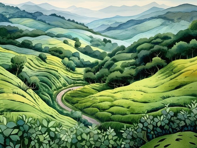 Painting of a winding road in a green valley with mountains in the background generative ai