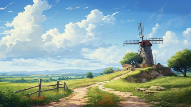 a painting of a windmill on a farm with a blue sky and clouds.