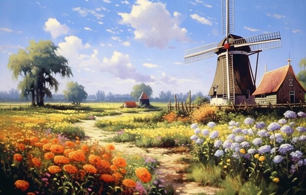 Painting of a windmill in a field of flowers with a path generative ai