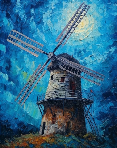Painting of a windmill in a field with a full moon in the background generative ai