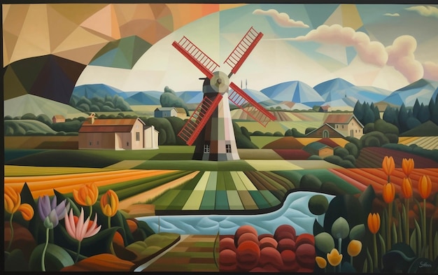 Painting of a windmill in a field with a river and houses generative ai