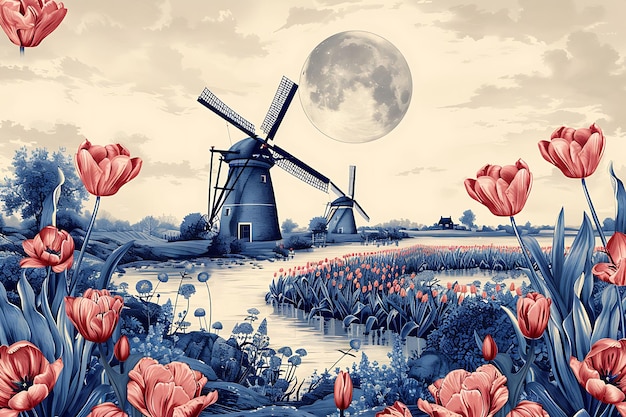 Foto un dipinto di un mulino a vento con la luna sullo sfondo