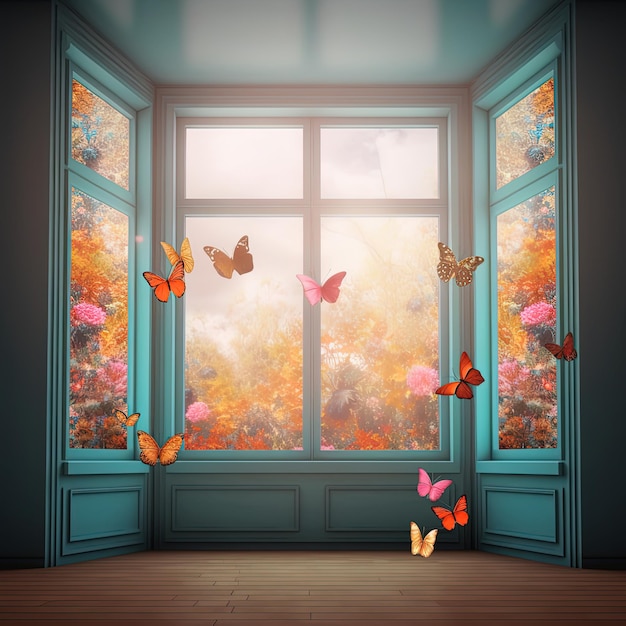A painting of a window with butterflies in the foreground and a large window