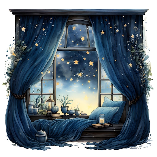 a painting of a window with a curtain that says " stars ".