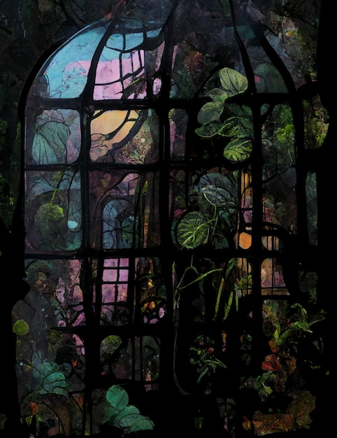 A painting of a window with a plant in the middle.