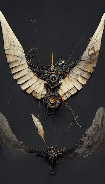 A painting of a winged creature with wings and a feather.