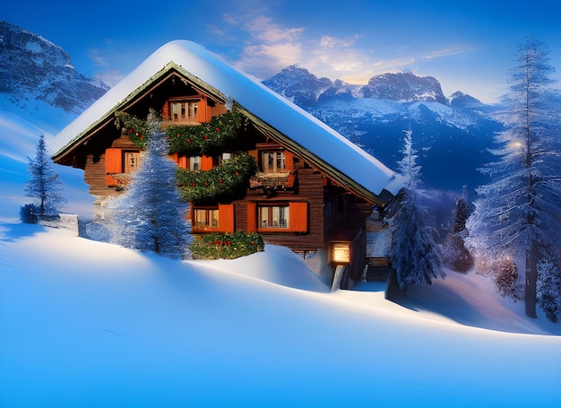 painting of winter skiing christmas mountain cottage scene in beautiful landscape in the alps