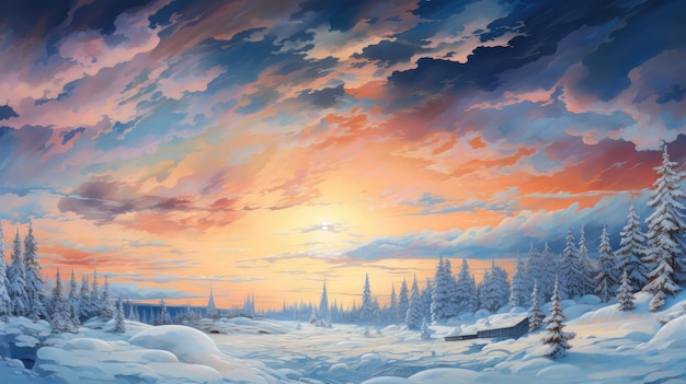 a painting of a winter sunset with snow covered trees and a boat in the foreground.