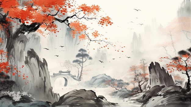 A painting with an asian landscape and various heroes Ai generated art