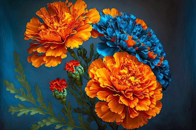 Painting with beaful blooming marigold flowers blue orange