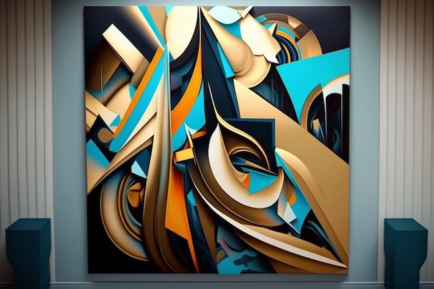 A painting with a blue background and a gold and blue design.