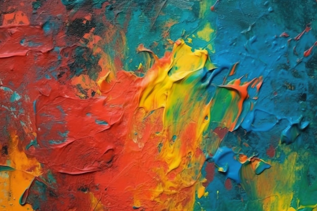 A painting with a blue red and yellow paint that has the word love on it