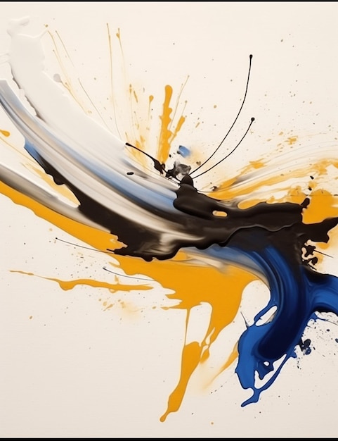 A painting with blue, yellow, and white colors is titled