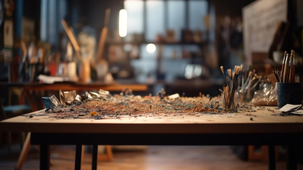 A painting with a brush on it and a painting on the table.