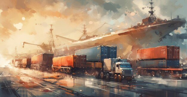 Photo a painting with cargo ship docking in a bustling harbor amidst global freight logistics operations