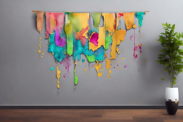 A painting with a colorful paint drip on it