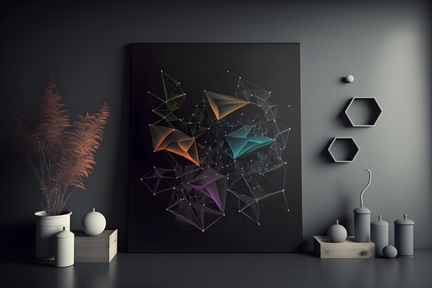 A painting with a geometric pattern on it is on a dark background.