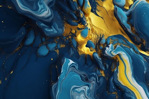 a painting with gold and blue paint on it