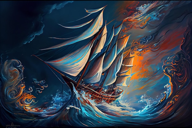 Painting with lots of swirls of a sailboat image generative AI