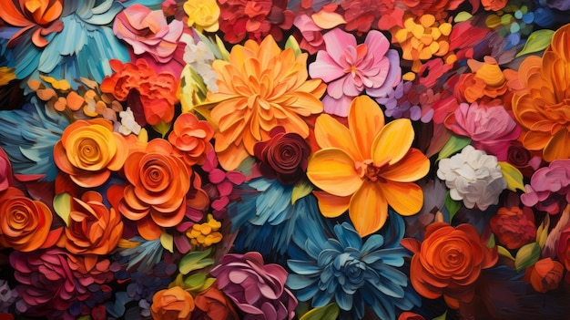 Painting with many different colored flowers