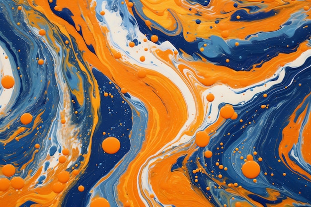A painting with orange and blue paint and a white background