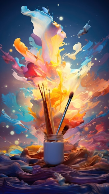 Foto un dipinto con vernice e pennelli su un tavolo ai