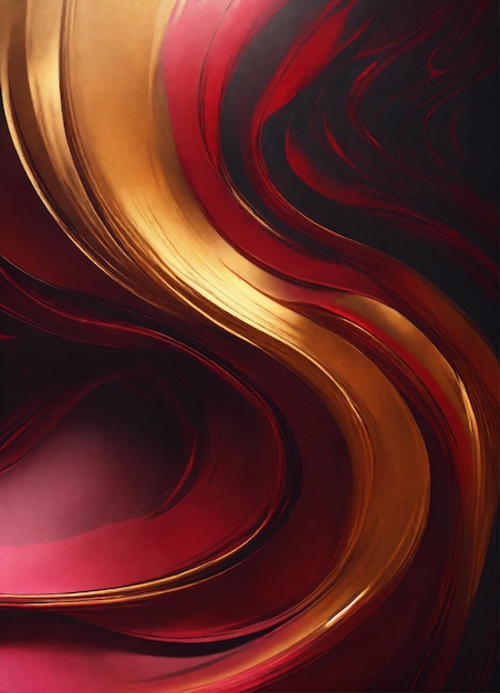 A painting with red golds and black swirls in the style of dark scarlet and light gold minimalist