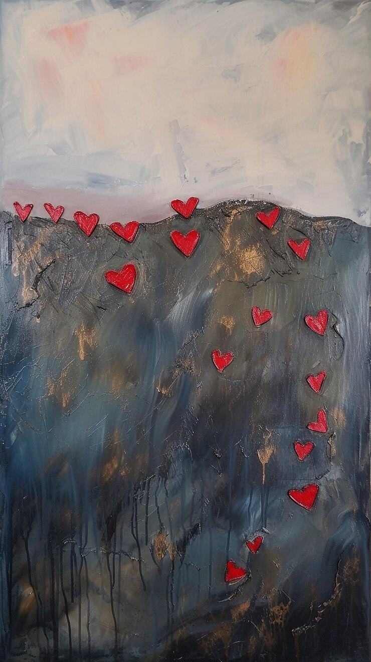 a painting with red hearts
