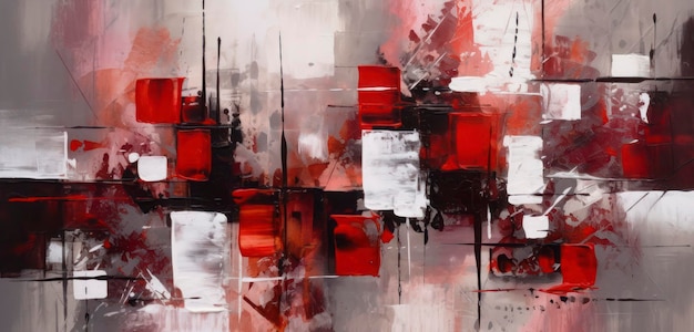 A painting with red and white tones and black and white.