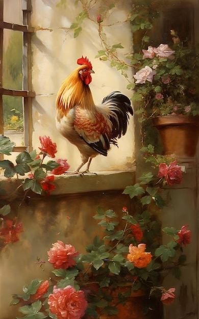 Painting with a rooster sitting on the windowsill AI generation