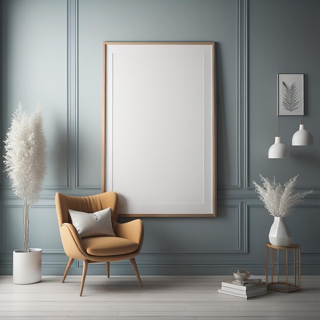 A painting with a white background and a gold chair with a white pillow on it.