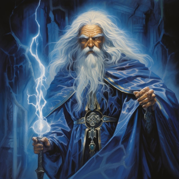 a painting of a wizard holding a staff