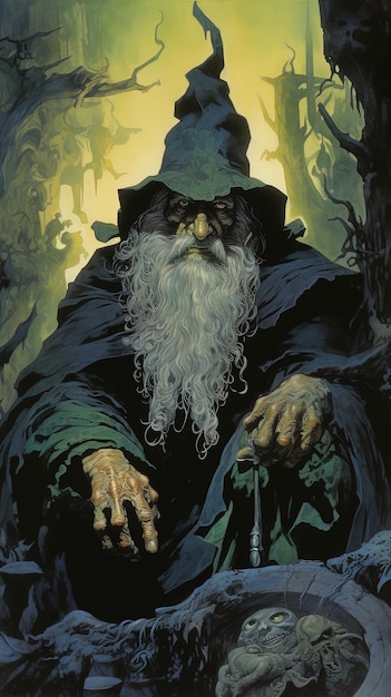 a painting of a wizard with a full beard and a hat