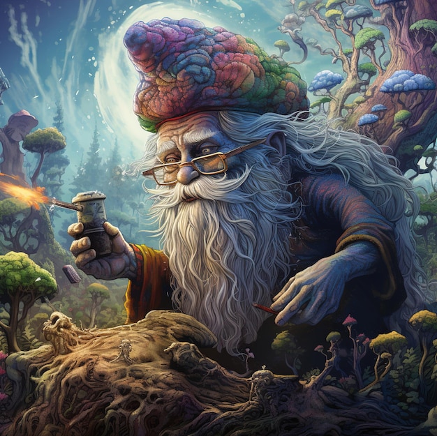 A painting of a wizard with a gun in his hand