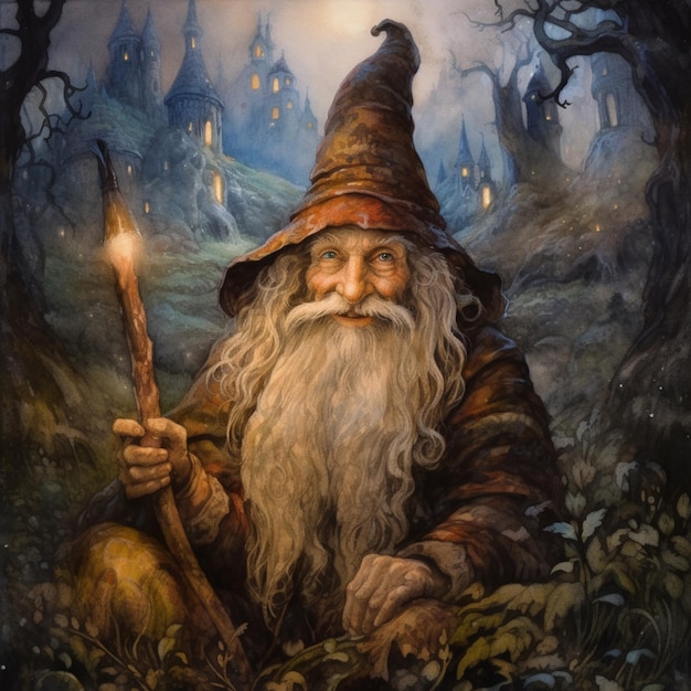 painting of a wizard with a long beard and a long beard holding a staff generative ai