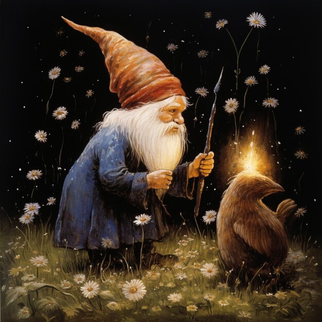 Photo a painting of a wizard with a torch and a bear.