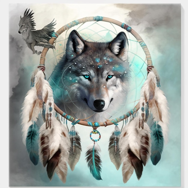 A painting of a wolf dream catcher with feathers and a bird on the side.