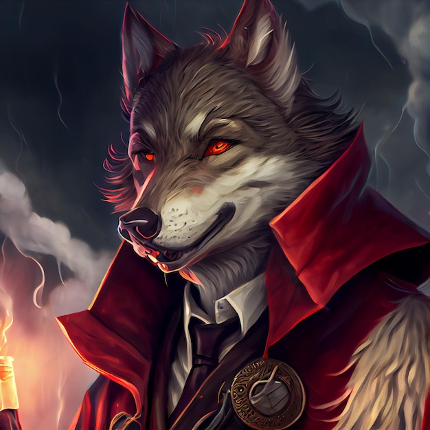 Painting of a wolf dressed in a red coat generative ai