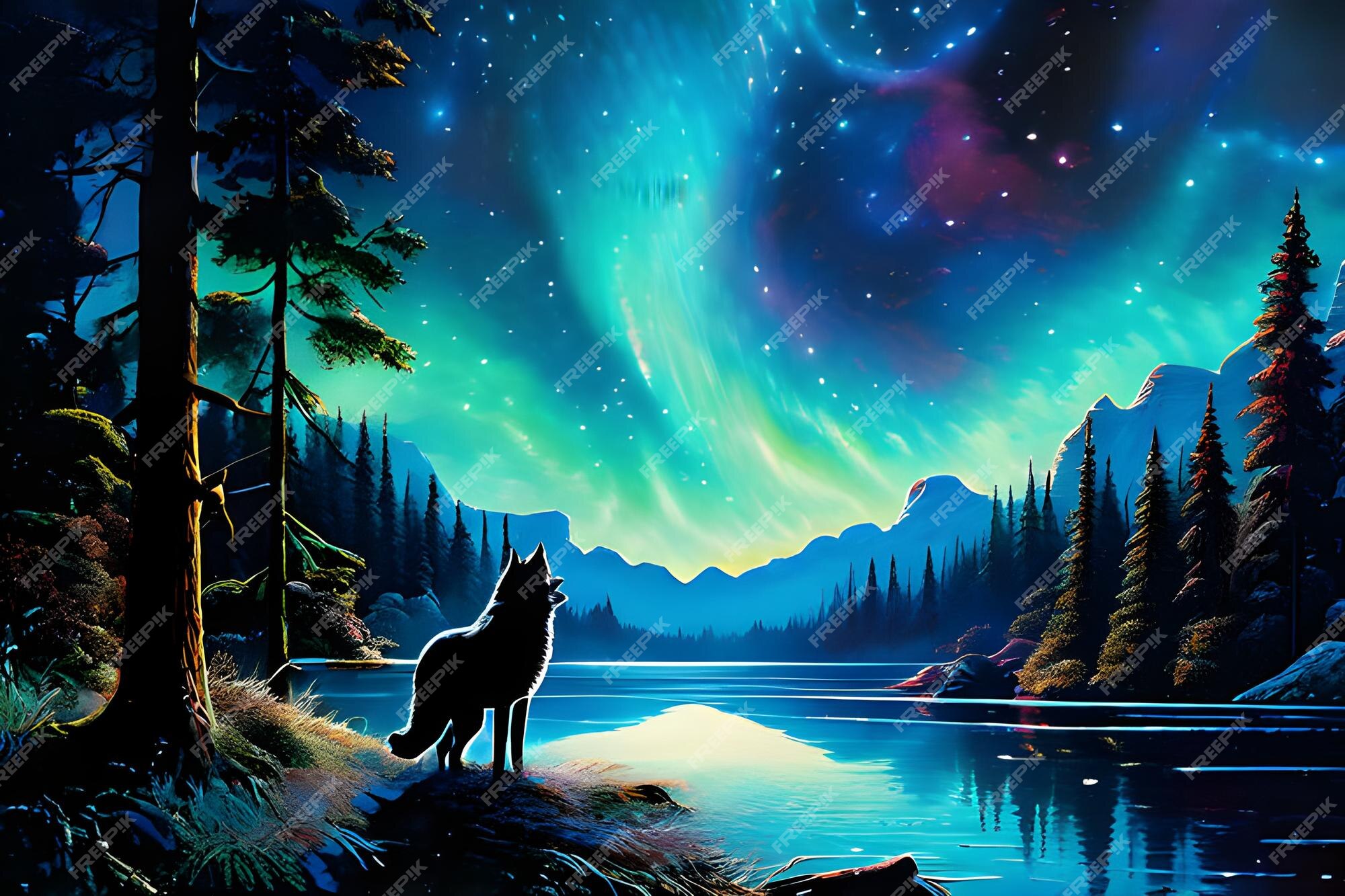 Premium Photo | A painting of a wolf and a lake with the aurora