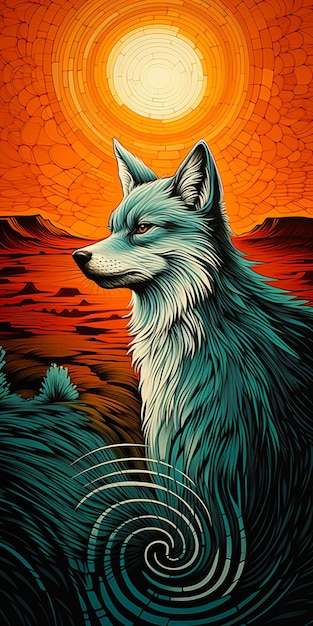 Painting of a wolf in a landscape with a sunset in the background generative ai