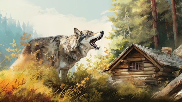 painting of a wolf standing in front of a cabin in the woods generative ai