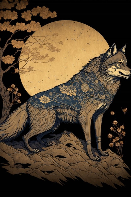 Painting of a wolf standing in front of a full moon generative ai