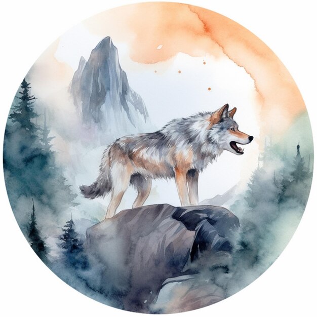 painting of a wolf standing on a rock in a mountain generative ai