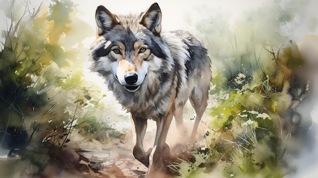 painting of a wolf walking on a path in the woods generative ai